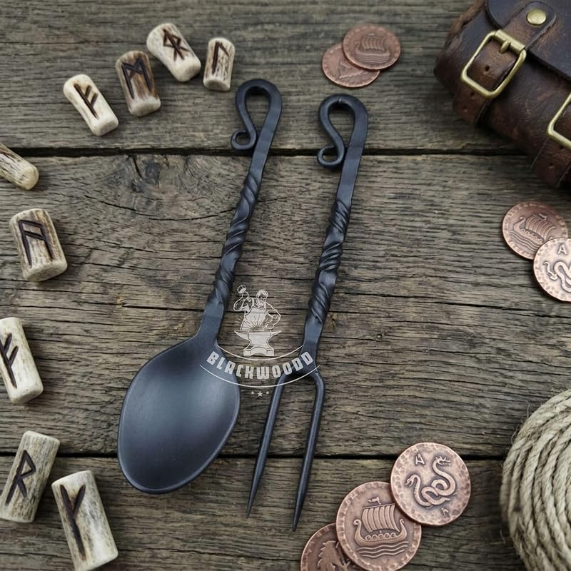 Hand Forged Viking Cutlery Set with Leather Pouch - Black Variation