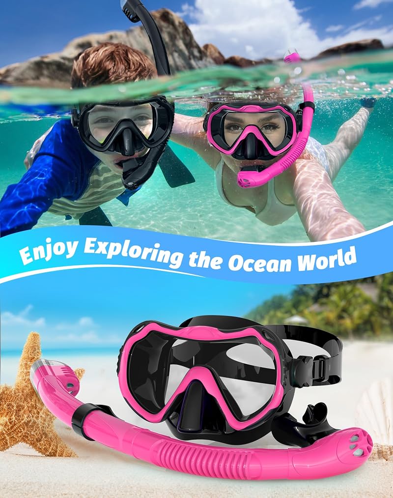 Diving Snorkel Mask Set 180° Vision Dry Top Anti-Fog Anti-Leak for Adults - Black Pink Variation