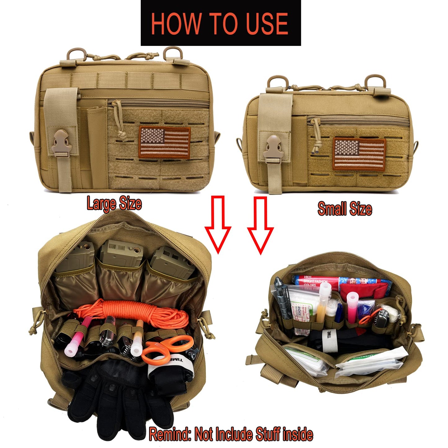 Taxatm Molle Admin Pouch with Laser Cutting Loop,EDC EMT Molle Pouches, Large Capacity Organizer Waist Pouch Include US Flag (Small Brown-Without Accessories)
