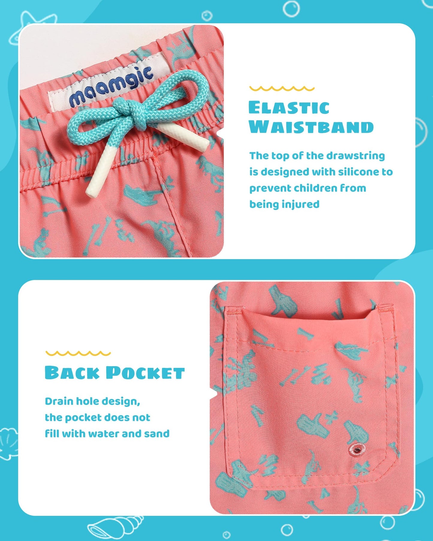 maamgic Boys Swim Trunks with Compression Liner Toddler Stretch Swim Shorts Quick Dry Swimming Trunks Boxer Brief 2 in 1 Beach Shorts Pink Mini Dinosaur 14/16