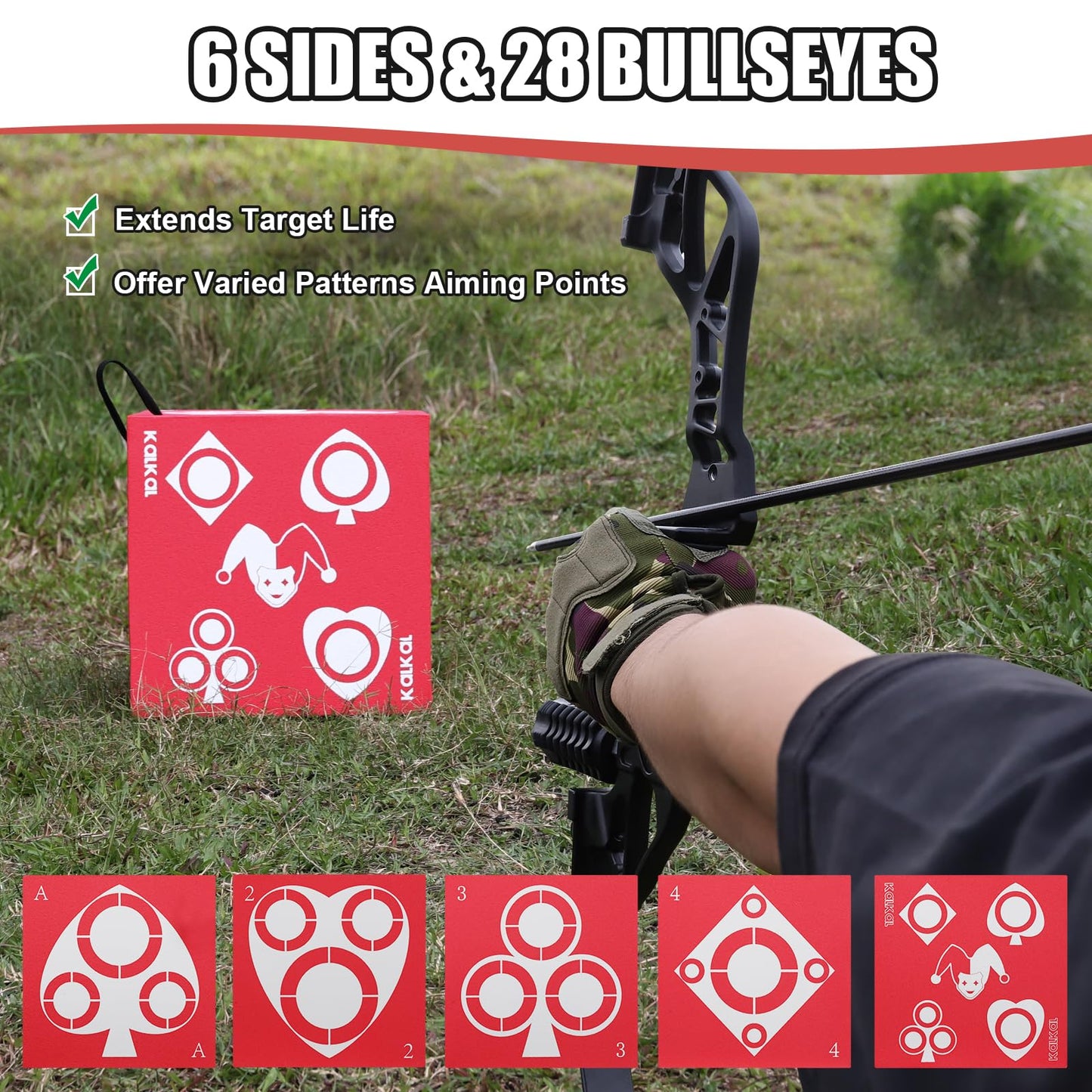 Kalkal Archery Target, 6 Side Foam Archery Target Block with Carry Handle, Easy Arrow Removal, Lightweight Poker Archery Targets for Backyard Practice