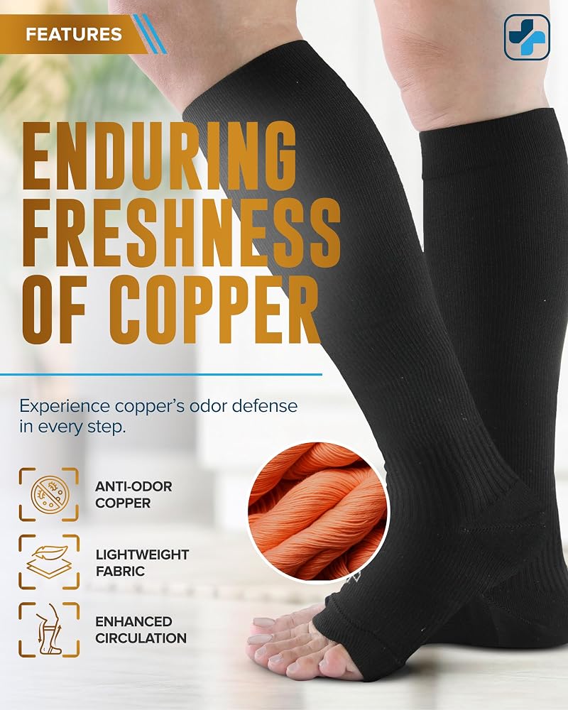 Copper-Toe Open Toe Compression Socks for Men & Women 20-30 mmHg - 3 Pairs Black (Variation: Large)