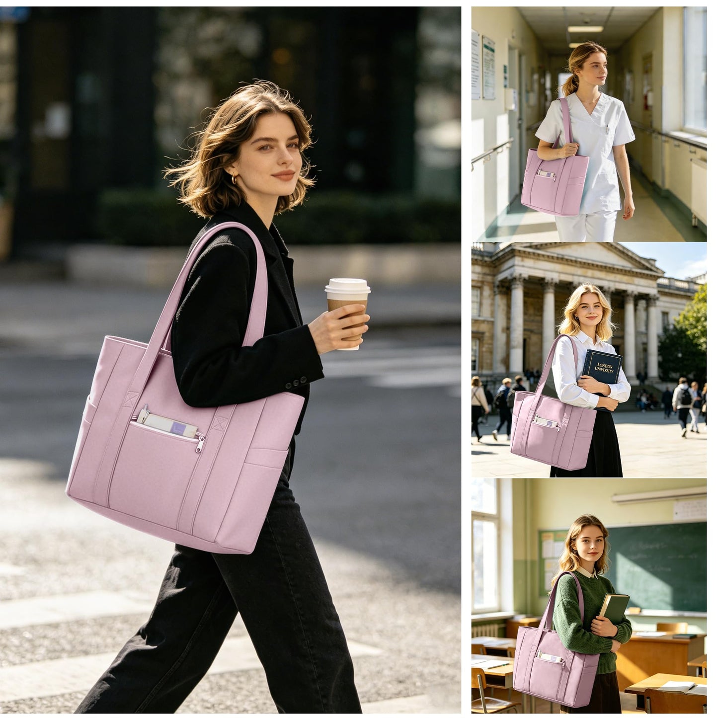 CTWWFS Large Tote Bag for Women with Zipper, Nylon Lightweight Work Tote with 15.6" Laptop Sleeve, Nurse Bag for Work College (Pink)