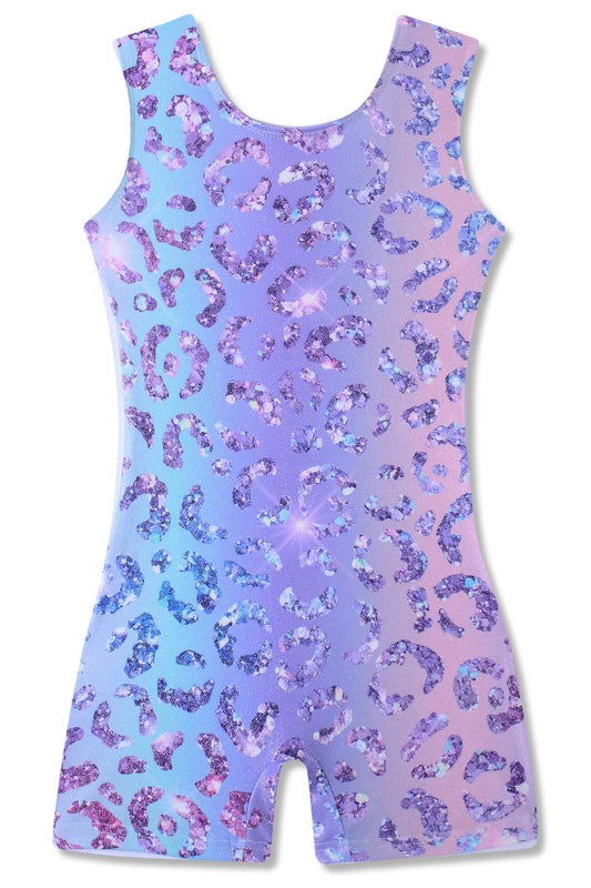 Funnycokid Gymnastics Leotards for Girls Dance Clothes Sparkly Outfits Unitard with Shorts, Leopard 03, 7-8 Years