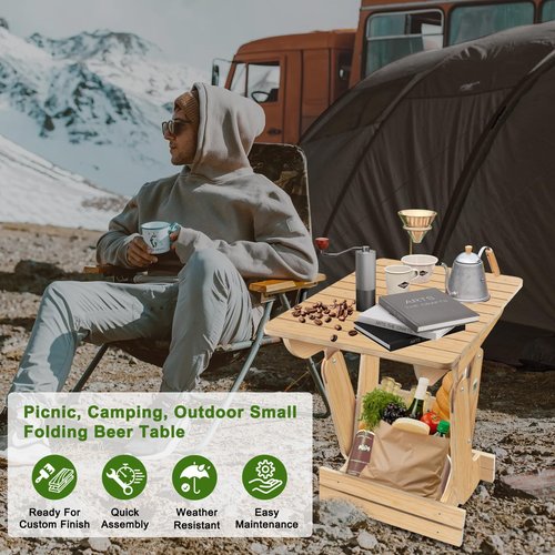 Agekub Wood Portable Folding Table Bistro Table Wooden Beer Carrier with Bottle Opener Space-Saving Small Outdoor Side Table for Camping, Picnic, Park, Party, Garden Concerts