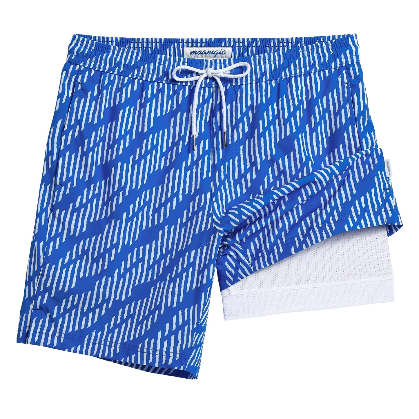 maamgic Mens Swim Trunks with Compression Liner 7 Inch Inseam Mens Bathing Suit Quick Dry Swimming Trunks Swimsuit Geometric Stripes Blue and White Medium