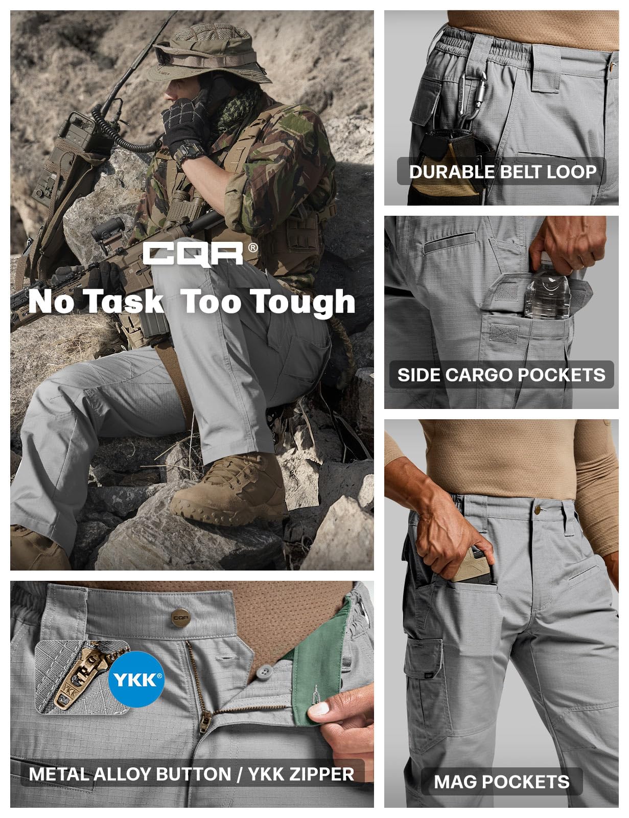 CQR Men's Tactical Pants, Water Resistant Ripstop Cargo Pants, Lightweight EDC Work Hiking Pants, Outdoor Apparel, Raider Stone, 34W x 34L