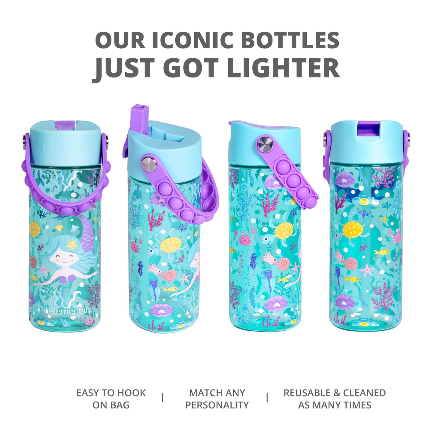 Elemental Leak Proof Water Bottles for Kids - Splash Kids Water Bottle for School with Pop-it Handle - Tritan Plastic Water Bottle with Straw - Mermaid & Pink Unicorn - 18oz (2 Pack)