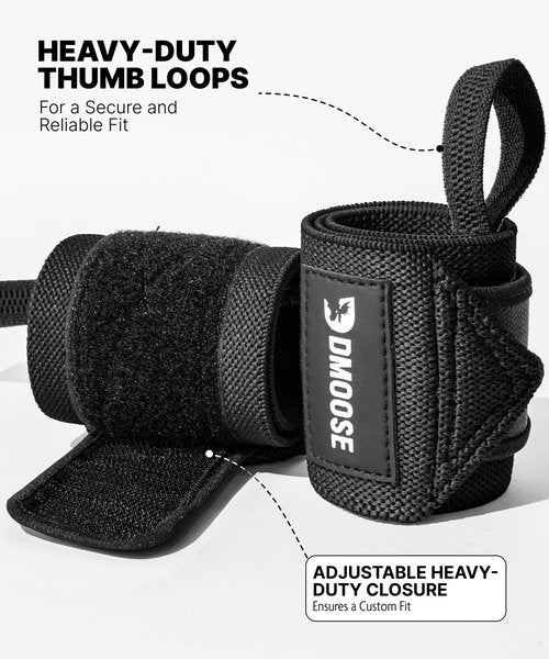 DMoose Wrist Straps for Weightlifting 12 and 18 Inches Thumb Loops with Wrist Support for Workouts Powerlifting Wrist Straps for Weight Lifting Men and Women Black II