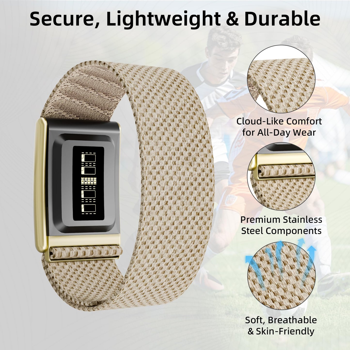 Ultra-Soft Stretchy Nylon Sport Band Compatible with WHOOP 5.0, One, Peak & Life | Adjustable, Breathable, & Sweat-Wicking Replacement Wristbands for Men & Women | NOT for Gen 4 (Dune With Gold, One/Peak)