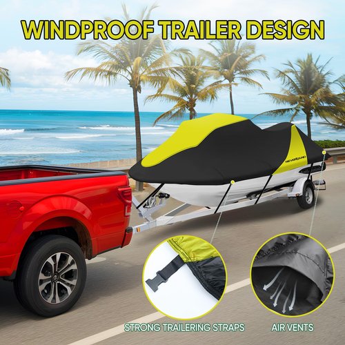 NEVERLAND Waterproof Jet Ski Cover - Compatible with Yamaha Seadoo Kawasaki, Jetski Covers 2 3 Seater UV Resistant 420D Heavy Duty Jetski Cover with 2 Air Vents Personal Watercraft Cover 120" to 135"