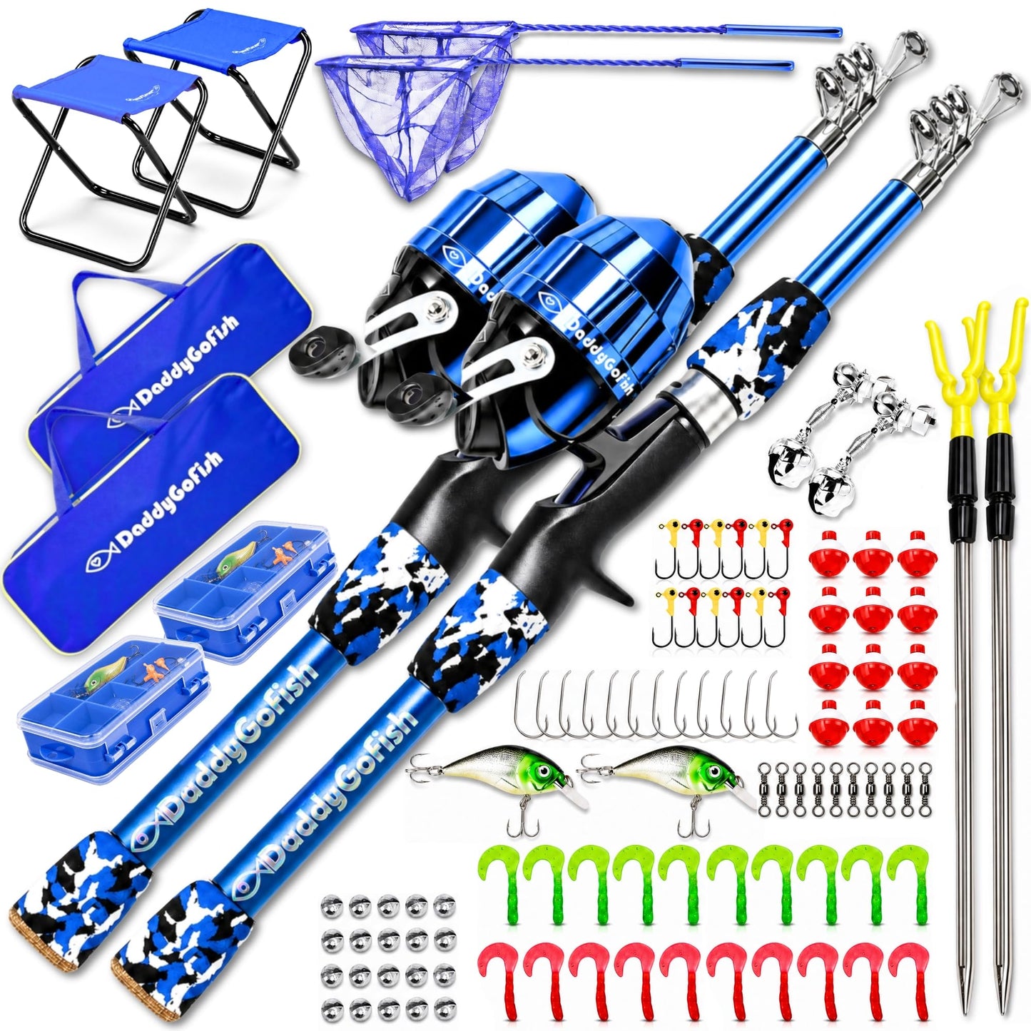 DaddyGoFish Kids Fishing Pole - Rod Reel Combo Tackle Box Starter Set - First Year Small Dock Gear Kit for Boys Girls Toddler Youth Age Beginner Little Children Junior Anglers (2 Pack Blue + Blue 4ft)