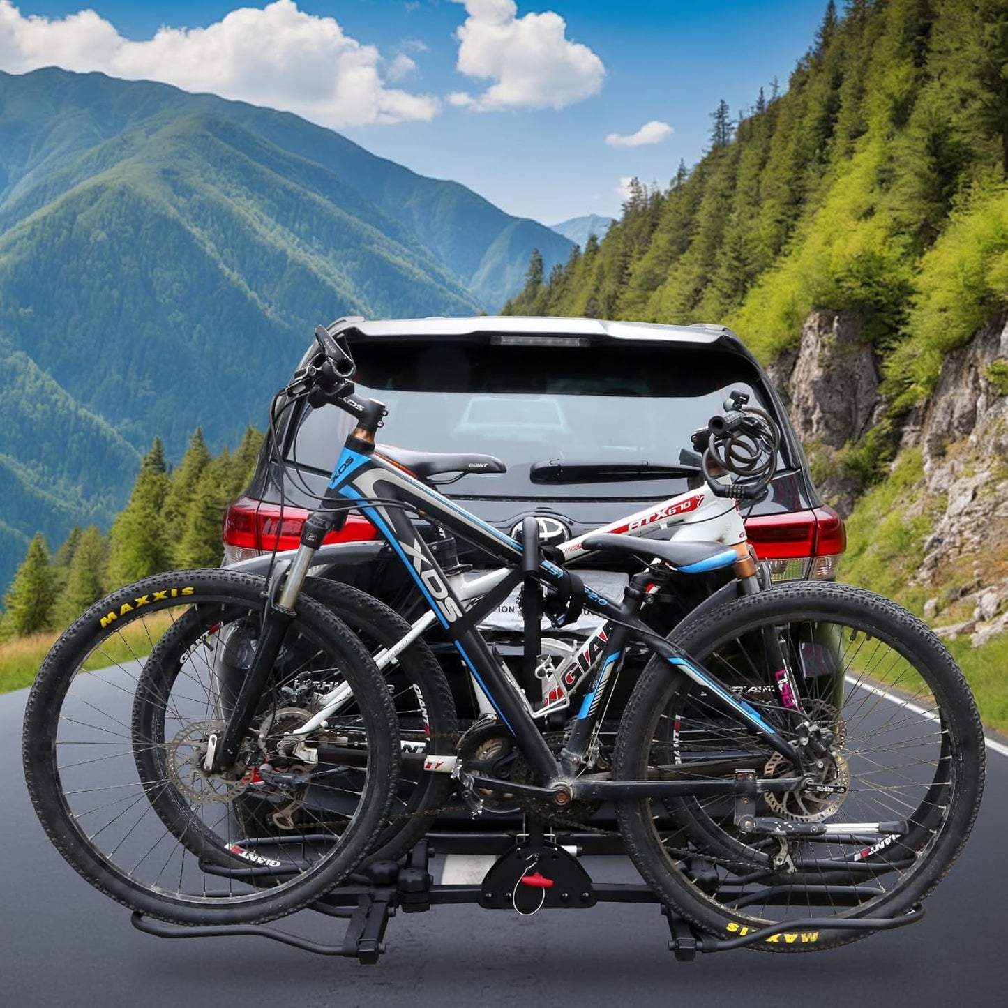 2 Bike Rack Hitch Mount Platform Style for Cars Trucks SUVs, 160 lbs Capacity Smart Tilting Folding Bicycle Car Racks Fits Electric Bike with Up to 5" Fat Tires, 2" Receiver
