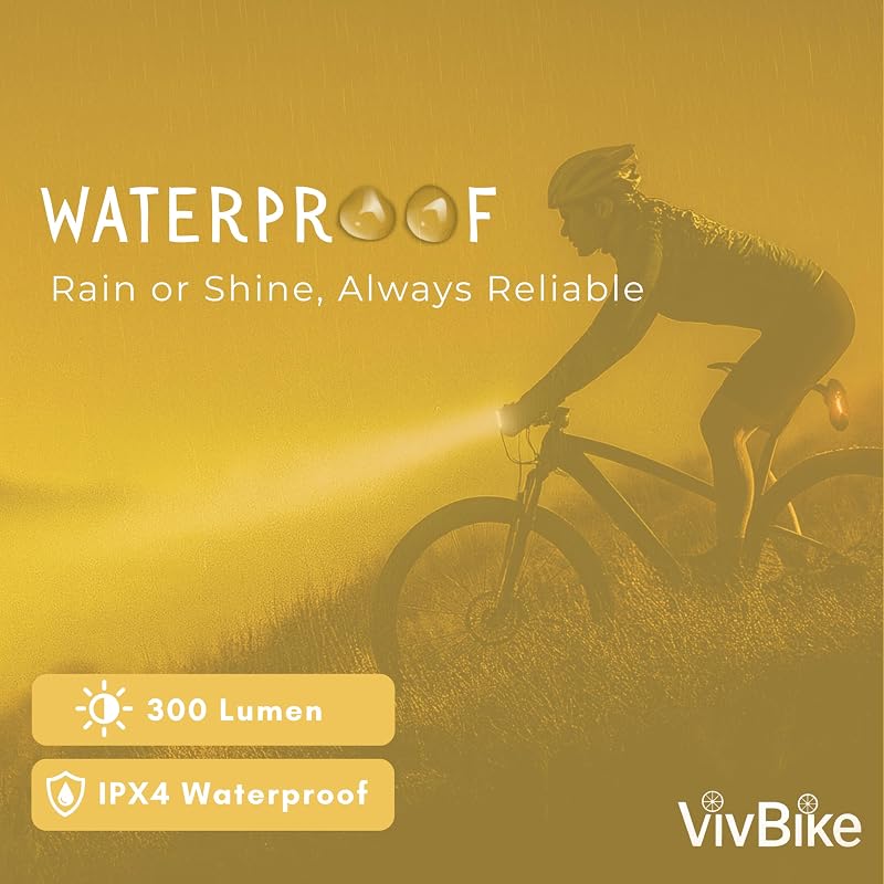 VivBike 300 Lumen Front & Rear Bike Light - USB-C Rechargeable, IPX4 Waterproof