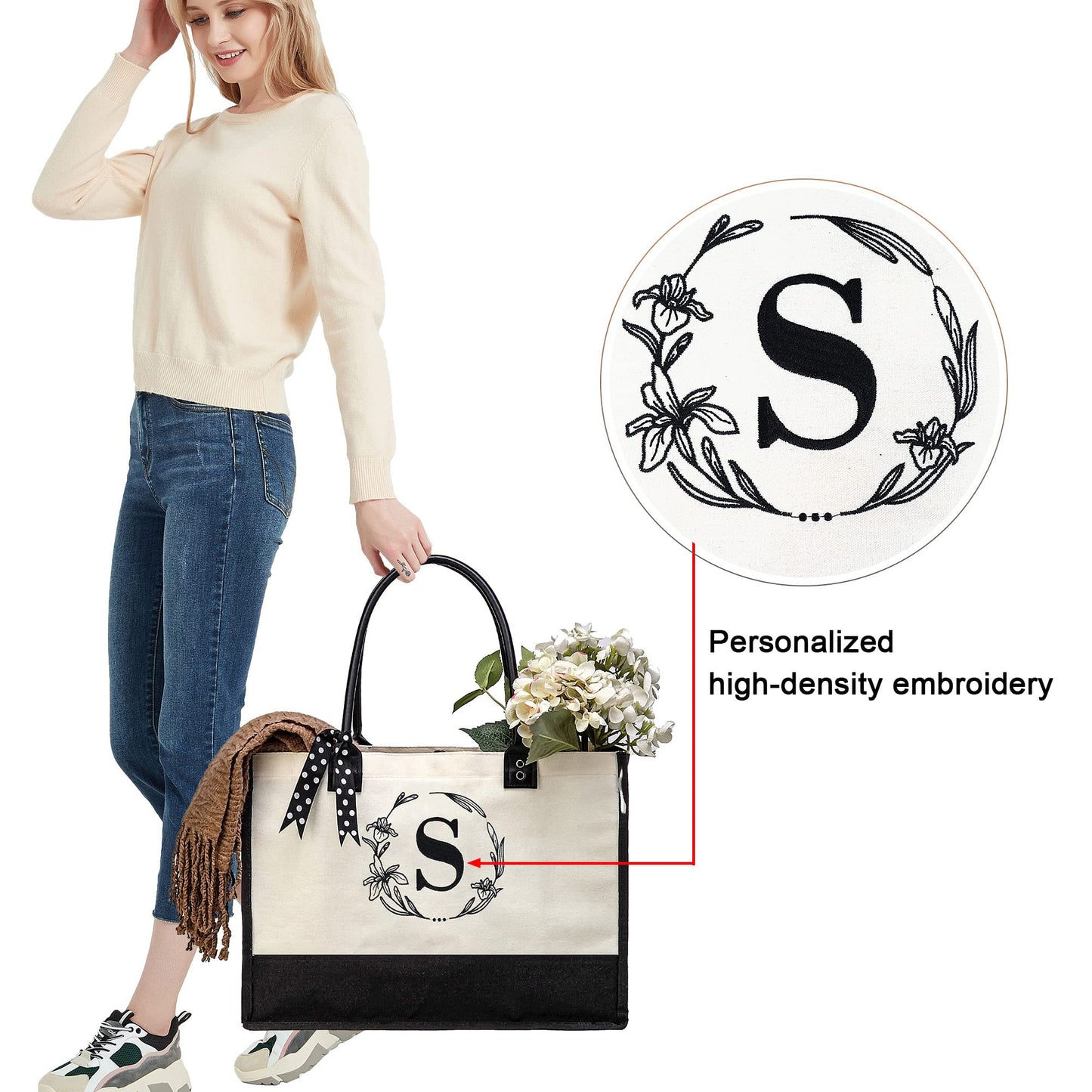 BeeGreen Mothers Day Birthday Gifts for Mom Grandma Initial-Canvas-Tote-Bag-for-Women-Large Initial Monogram Canvas Bag, Cute Tote Bags for Sisters Friends Coworkers Halloween Thank you Gifts A