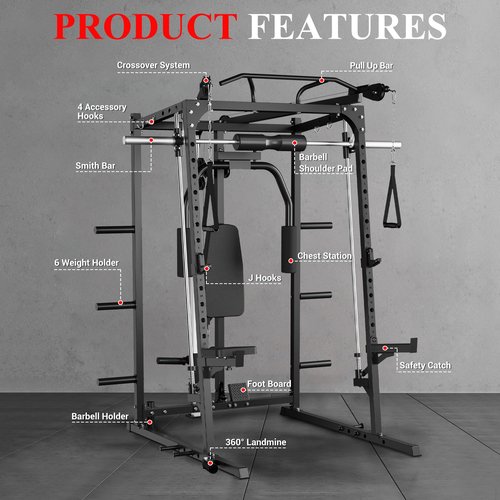 Smith Machine Home Gym, 2000 Lbs Multi-Function Power Cage Squat Rack with Smith Bar, Cable Machine, 2 LAT Pull-Down Systems, All in One Home Gym System with 8 Weight Storage Pins and More