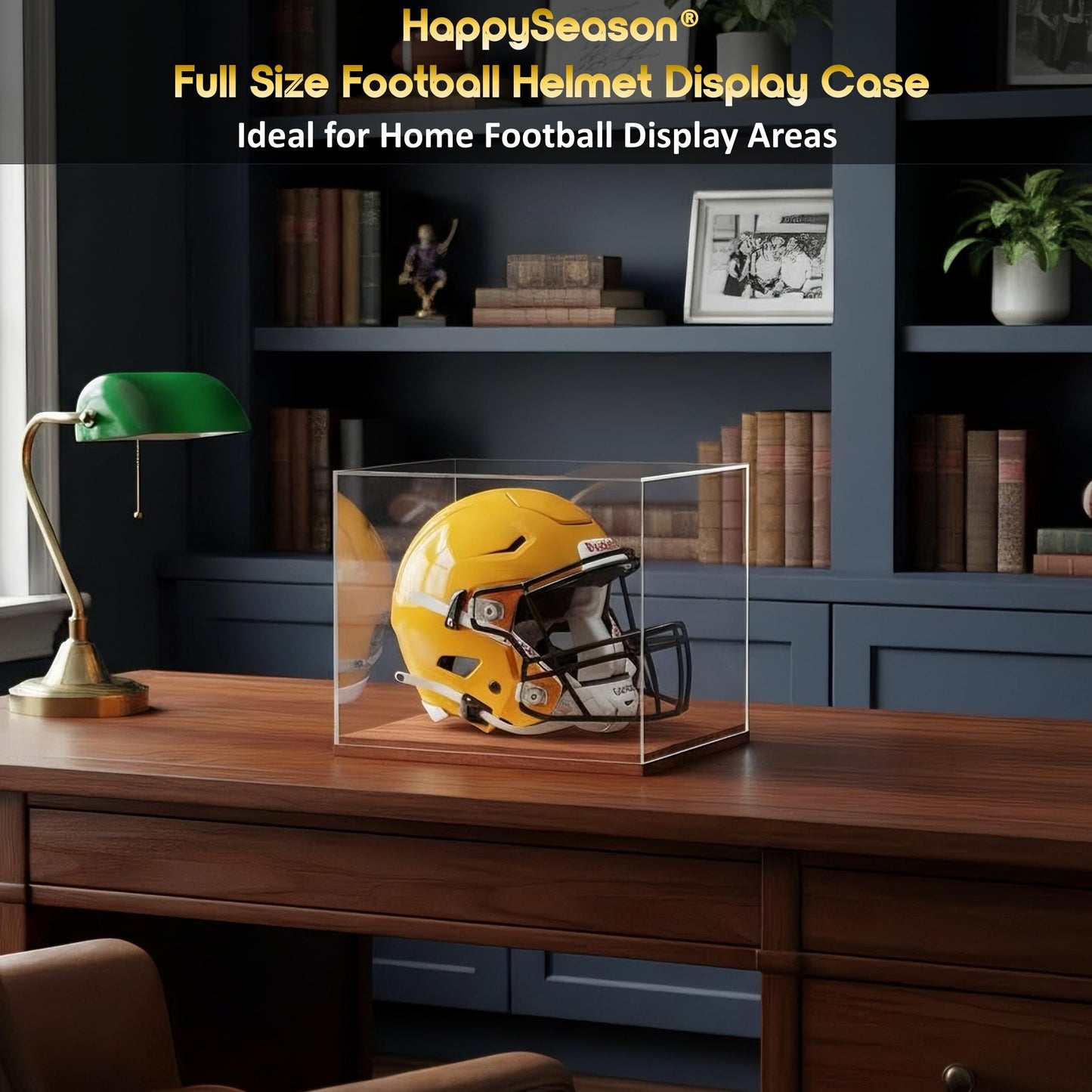Happyseason Football Helmet Display Case, One-Piece Acrylic, Solid Wood Base, Full Size Helmet Display Case, Sports Collectible Memorabilia, No Assembly Required (Cherry Brown, Full Size)