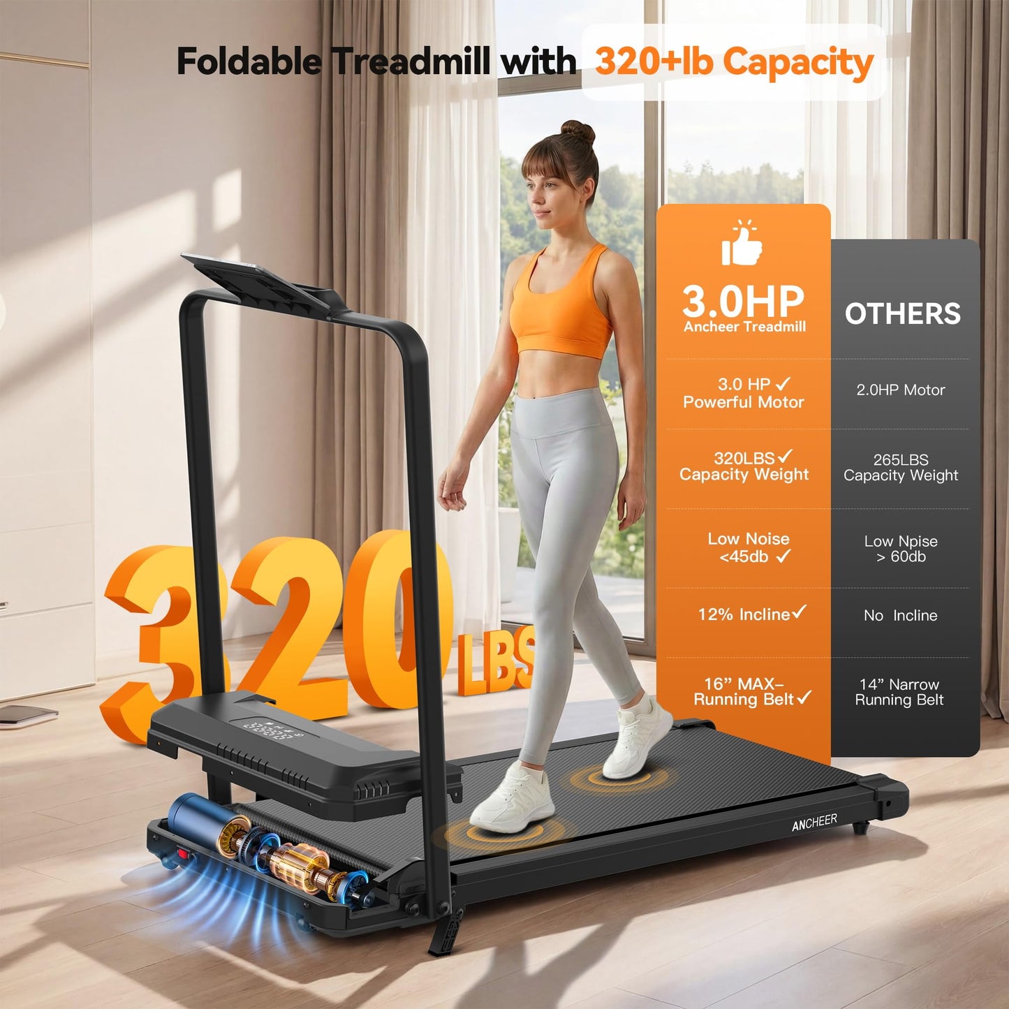 ANCHEER Treadmill with Handles, 3.0 HP Foldable Walking pad with 12% Incline, 320 lbs Capacity-Portable Under Desk Folding Treadmills for Home Small with Widened Belt/Remote Control (Classic Black3)