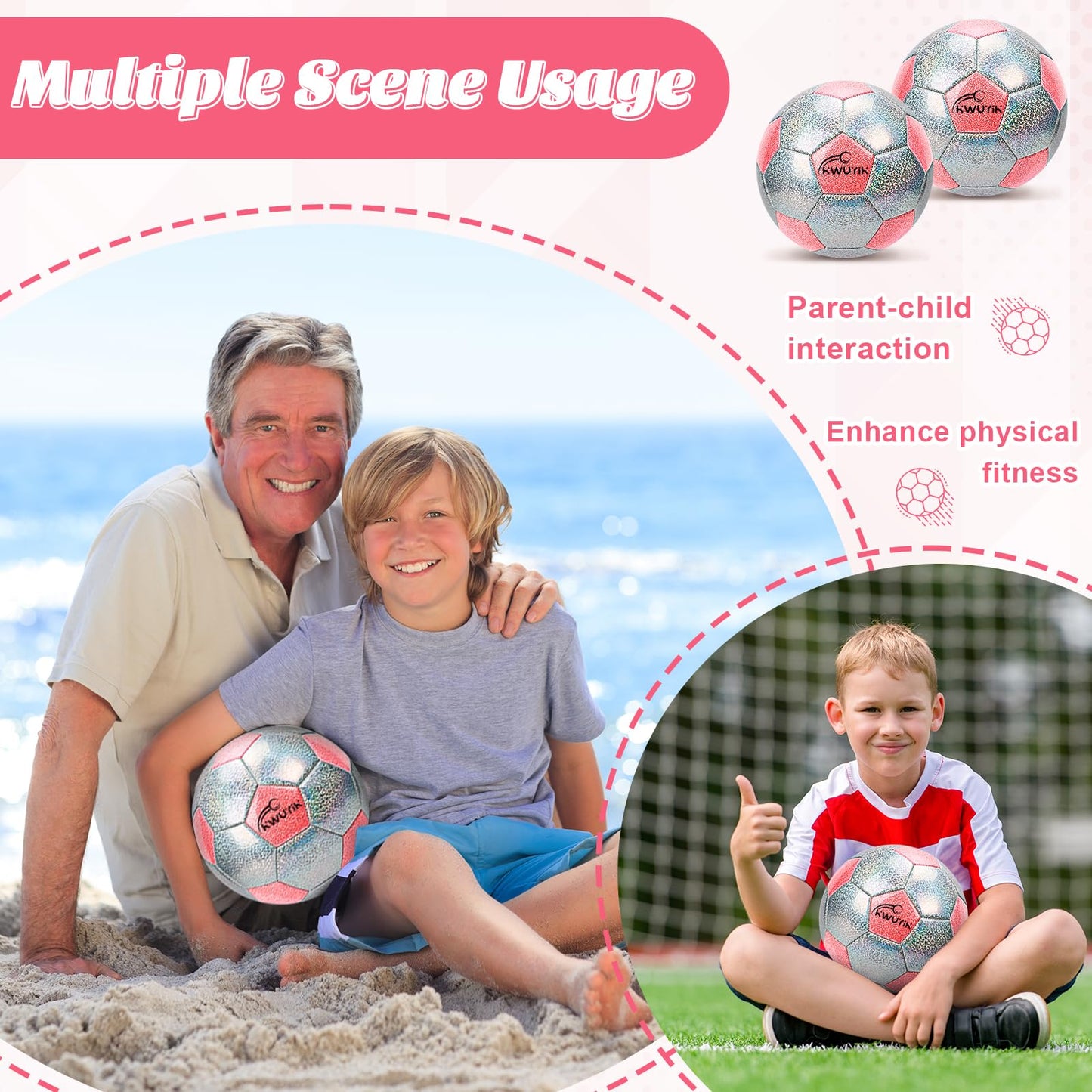 OKWUYiK Soccer Ball Size 5 Glitter Pink & Silver Spliced with Pump Toddler Soccer Ball for Kids Aged 8-12 Outdoor Training Ball for Girls Boys Children Youth Teens(Pink & Silver Spliced, 5)