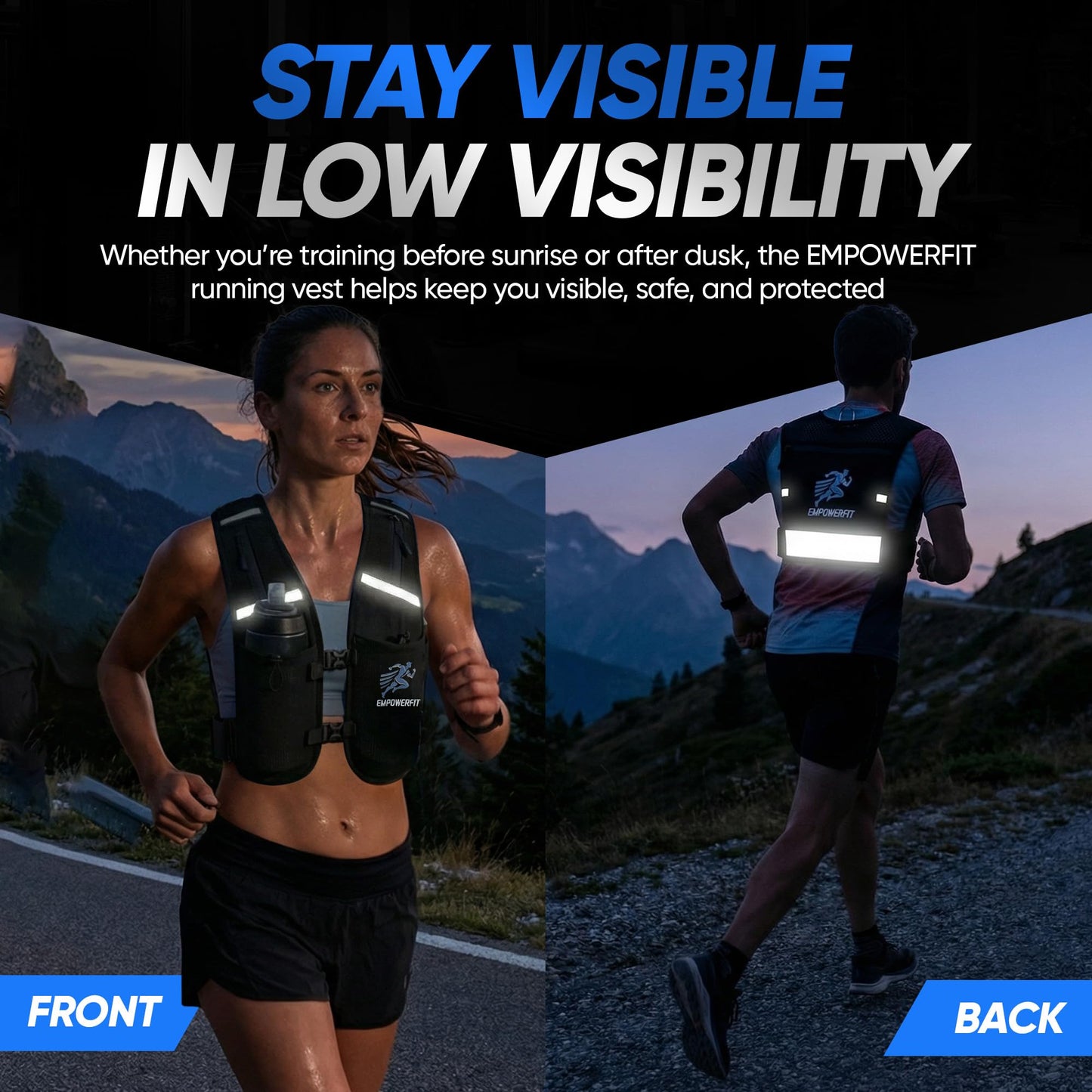 EMPOWERFIT Running Hydration Vest with 500ml Soft Bottle – Lightweight Running Pack for Men & Women, Breathable Mesh, Reflective, 6 Pockets