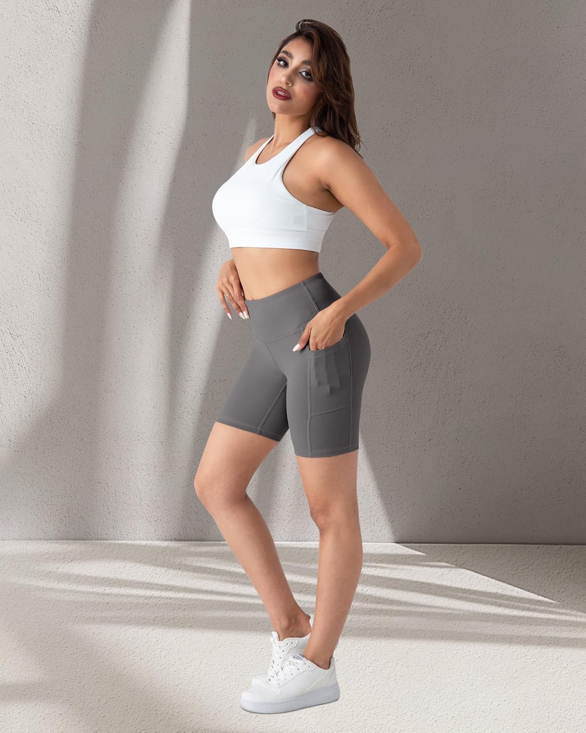 2 Packs Biker Shorts with Pockets for Women, Tummy Control High Waist Spandex Shorts 8" (2BlackDGrayLGray, XL)