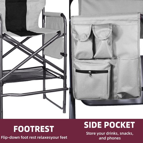 Foristrail 30" Tall Directors Chair with Side Table, 400LBS Bar Height Folding Camping Chair for Makeup Artists, Outdoor Events, Portable Foldable Chair with Cup Holder & footrest - Gray/Black