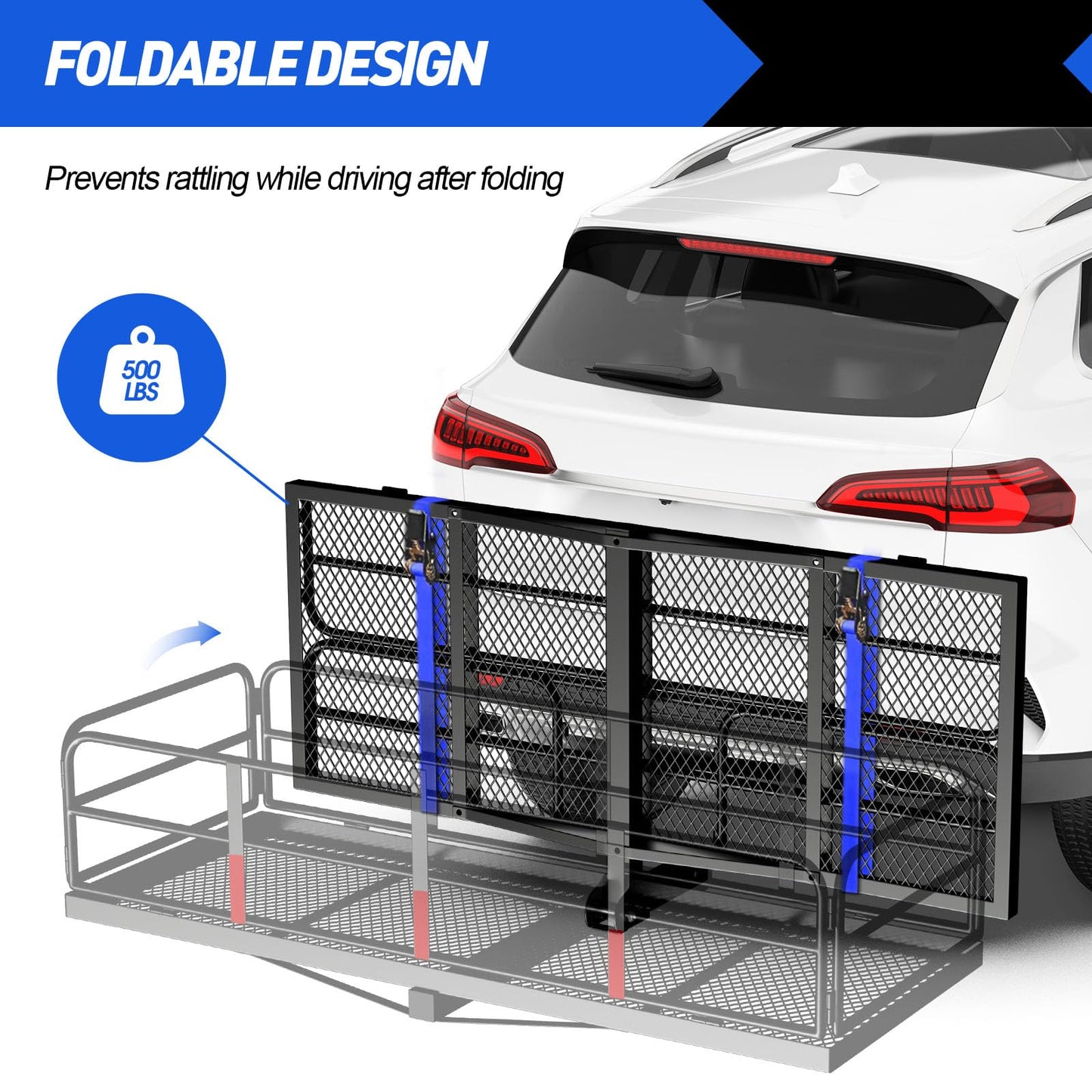 FORWODE 500 LBS Hitch Cargo Carrier Basket, 60"x24"x14" Folding Hitch Cargo Carrier Rack with High Side Rail for 2 Inch Receiver, Car Rack Rear Luggage Basket with Cargo Net