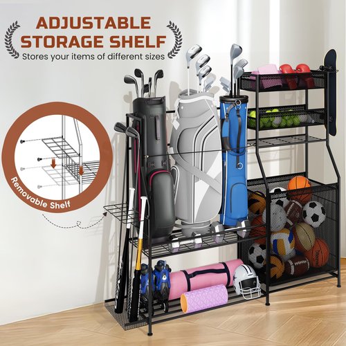 Homiesetify Garage Sports Equipment Organizer, 3 Golf Bag Organizer Stand Heavy-Duty Ball Storage Rack with Basket and Hooks, Ball Storage Cart for Toy Sports Gear Storage, Black