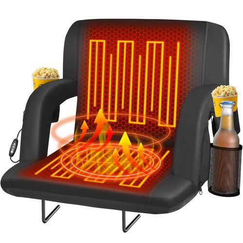 Seeutek Heated Stadium Seats with Back Support and Wide Cushions for Bleachers, Portable Bleacher Chairs with Backrest, USB 3 Levels and 5 Pockets Foldable Stadium Chairs, 1PC 25Inch