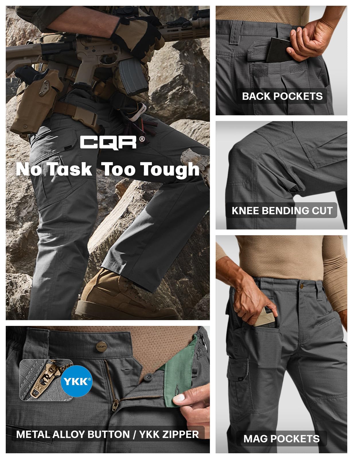 CQR Men's Tactical Pants, Water Resistant Ripstop Cargo Pants, Lightweight EDC Work Hiking Pants, Outdoor Apparel, Raider Charcoal, 30W x 30L