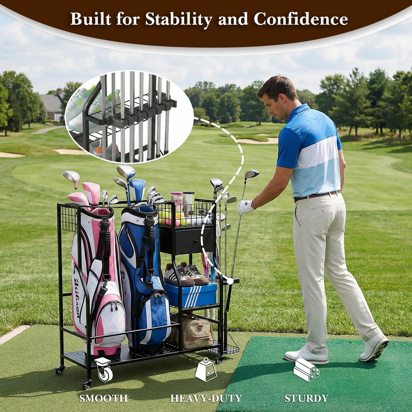 Faesun Golf Bag Organizer for Garage, Golf Bag Storage Rack with 6 Club Slots, Golf Club Organizer with Fabric Drawer & Wheels, Golf Storage Organizer Holds 2 Bags, Golf Rack Storage System