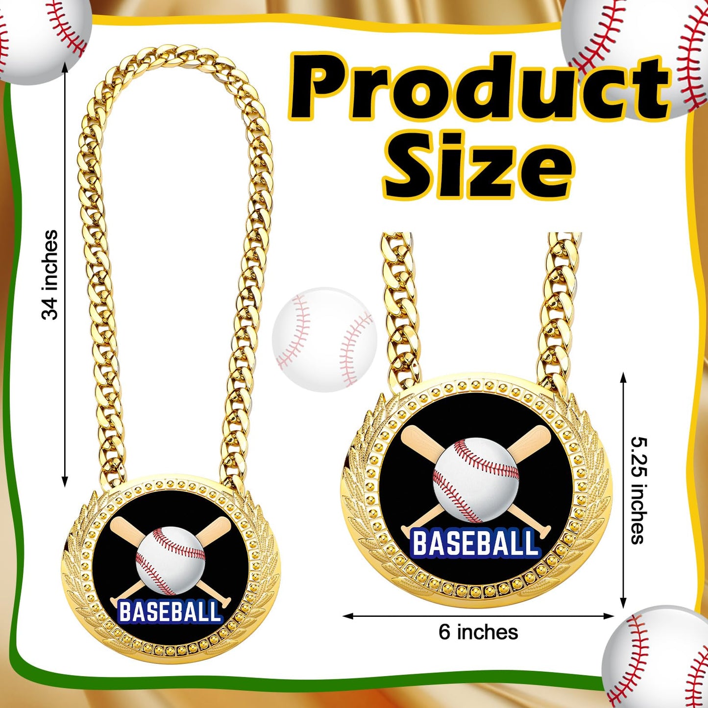 Tondiamo Sports MVP Turnover Chain Medal 6 Big Gold Champ Award Necklace Chain Baseball Basketball Football Soccer Softball Volleyball Sports Competitions Prize Gifts and Party Favors(Baseball)