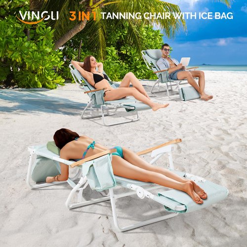 VINGLI Deluxe 3 in1 Beach Chair, Tanning Chair with Face Hole, Reclining Lounge with Foot Rest, Cup Holder and Storage Bag，Beach Lounge for Outdoor-Yellow