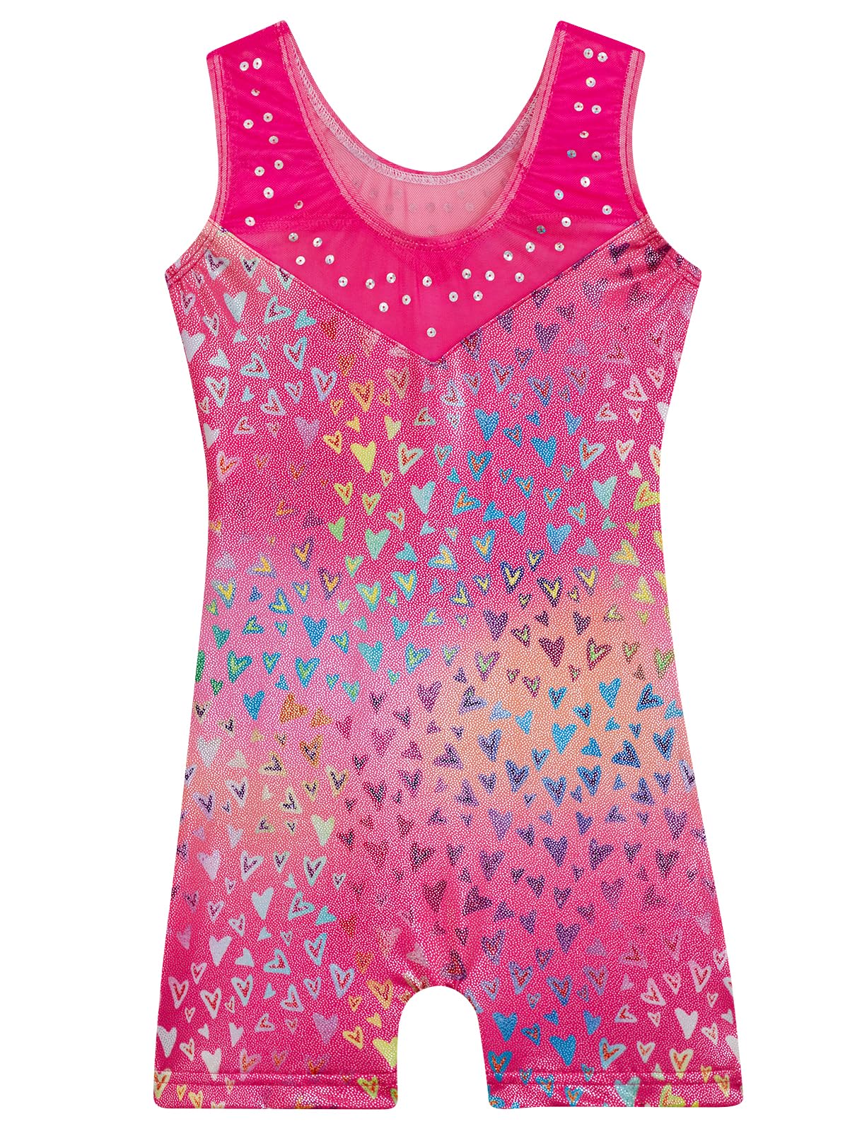 HOZIY Girls Leotards for Gymnastics Mesh Neckline with Iridescent Rhinestones Back Cut Out Sleeveless Size 7-8 Years Love Heart Biketard Shorts Tumbling Outfits Kids Sparkly Shiny