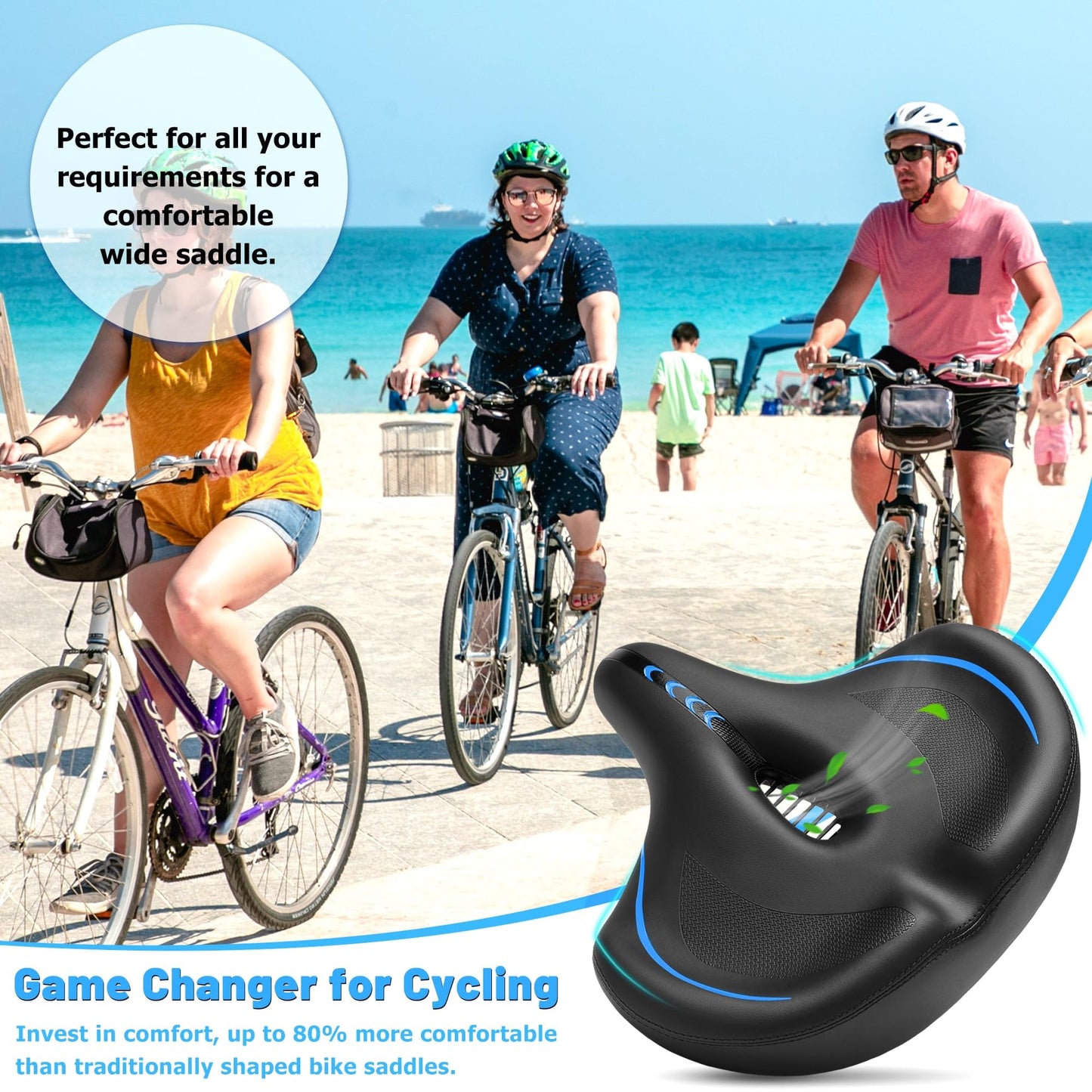 CDYWD Oversized Bike Seat for Men & Women Comfort, Extra Wide Bicycle Seat Cushion, Comfortable Soft Padded, Large Replacement Saddle for Peloton, Stationary Exercise Bike, Cruiser, City Bike, Ebike
