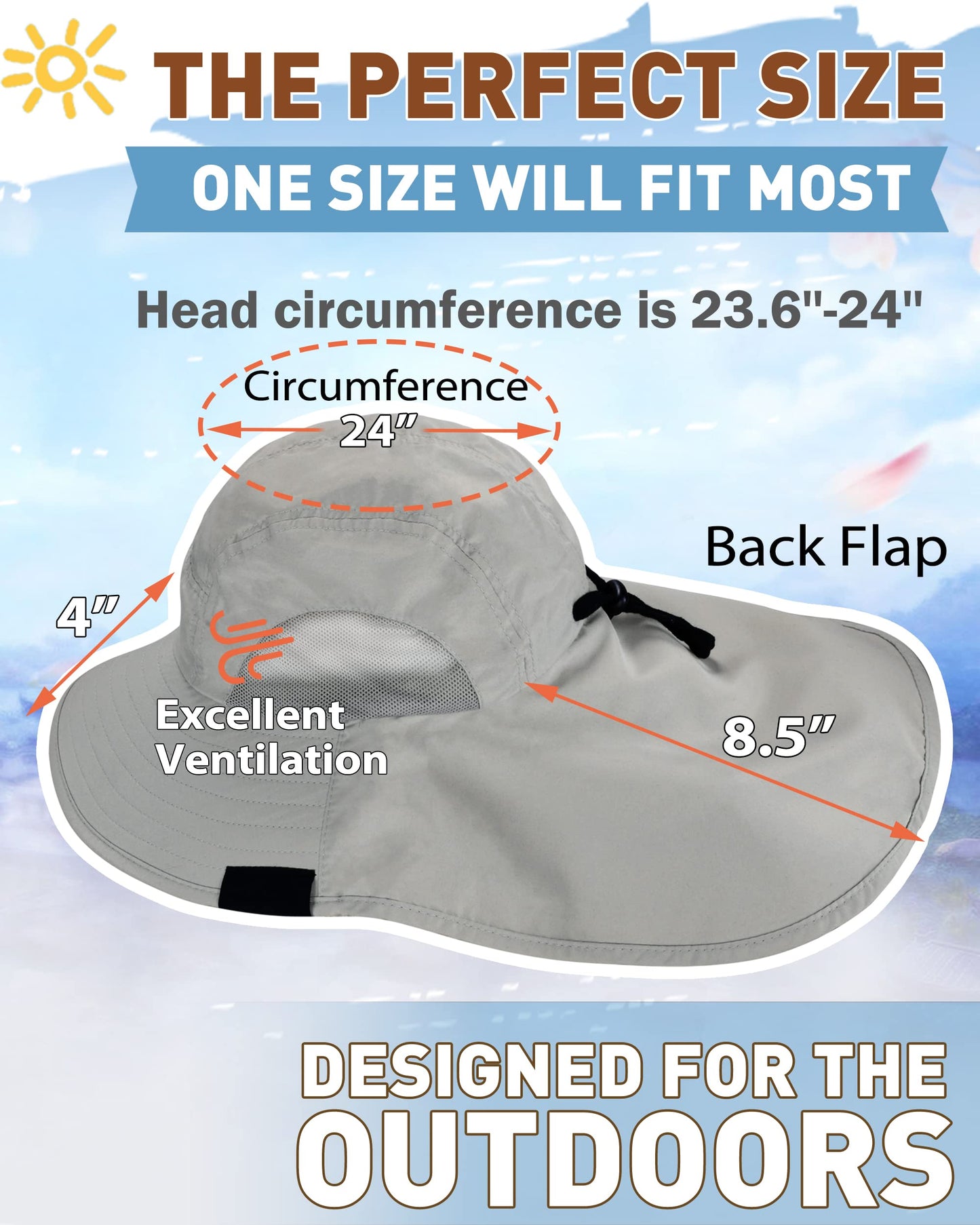 Tirrinia Neck Flap Sun Hat, Wide Brim Hiking Safari Fishing Hat for Men&Women, Breathable Outdoor Sun Protection Hat for Summer Adventures Gray