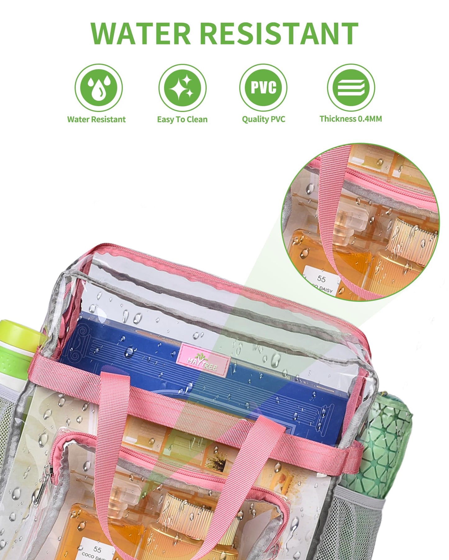 MAY TREE Clear Vinyl Tote Bag, Pink, 12 x 6 x 12 in