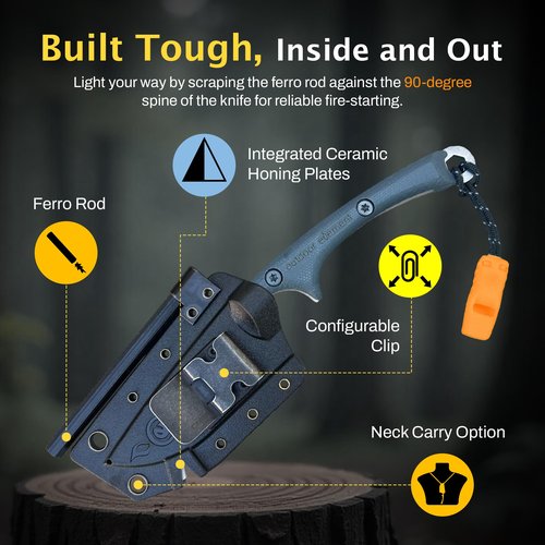 OUTDOOR ELEMENT Scout Feather - Adventure Survival Knife - Full Tang, Ceramic Honing V Notch built into included Sheath, Hex Driver in Handle, 115dB Emergency Whistle, Replacable Ferro Rod