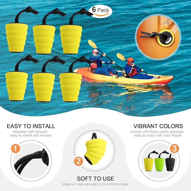 Kayak Scupper Plugs Kit - Universal Drain Plugs, 6 Pack, Yellow