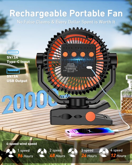 DUKUSEEK Clip Fan with LED Lantern, 20000mAh Rechargeable Clamp Fan, 360° Rotation USB Personal Fans with Hanging Hook, 9in Portable Camping Fan for Bed, Car, Bedroom, Outdoor