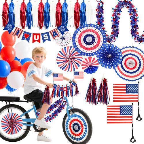 4th of July Patriotic Bike Decor Include USA Patriotic Banner Paper Flower Fans USA Flags Tinsel Garlands Red White Blue Balloons Bike Ribbon Streamers and Paper Streamers Patriotic Bike Decor Set
