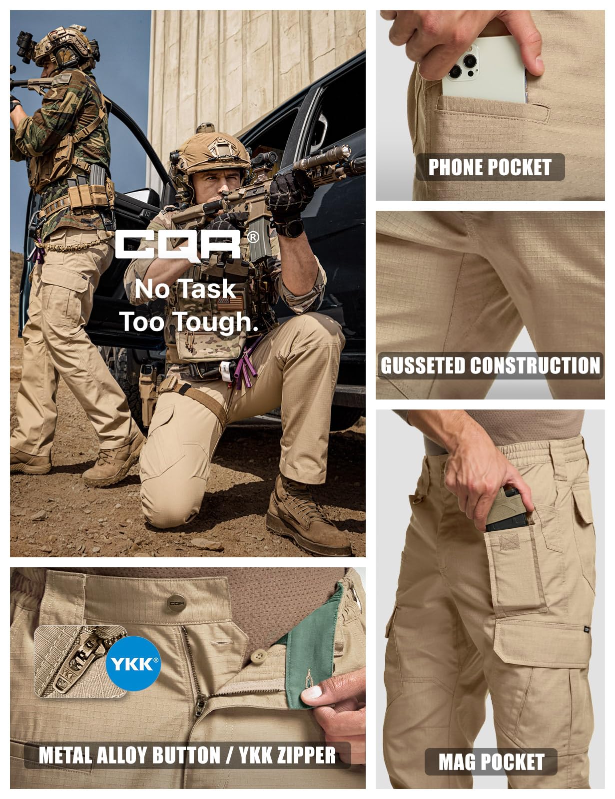 CQR Men's Tactical Pants, Water Resistant Ripstop Cargo Pants, Lightweight EDC Work Hiking Pants, Outdoor Apparel, Duratex Mag Pocket Khaki, 36W x 30L