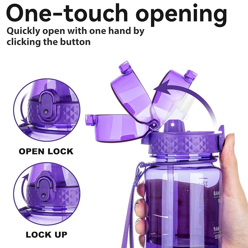 GOPPUS 32oz Clear Water Bottle with Straw & Time Marker - Deep Purple 32 Ounce