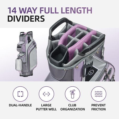 Max Lightweight Golf Cart Bag with Dual Handles and 14 Way Individual Full Length Dividers, Golf Club Bag with 11 Pockets, Large Putter Well, Double Strap Cooler for Men & Women (Mix/Grey/Purple)