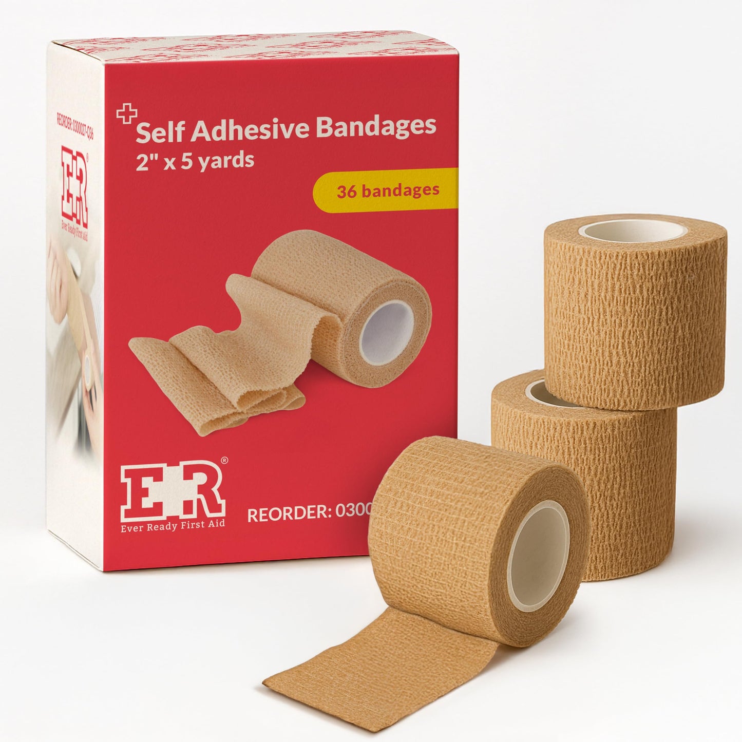 Ever Ready First Aid Self Adherent Cohesive Wrap Bandages, 2” x 5 Yards for First Aid, Sprains, Swelling, Sports, Pets, Tan Color – 12 Count