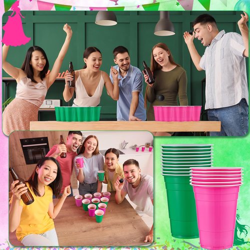 30 Pcs Cup Table Tennis Game Set 22 Plastic Party Cups 15 oz and 8 Black Balls Reusable Pink and Green Cups Ball Game for Drinks Picnics Birthday Halloween Christmas New Year Party Games Favors