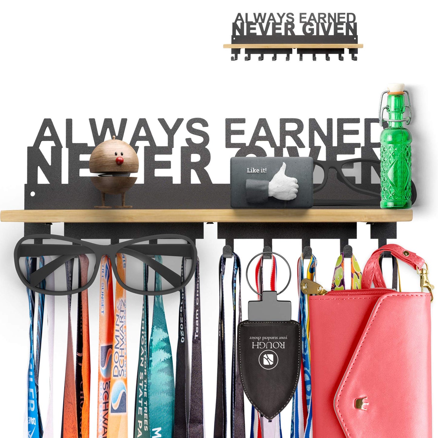 iBobbish Premium Medal Hanger Display Trophy Shelf,ALWAYS EARNED NEVER GIVEN Trophy display shelf Upgraded Medal Display Shelf for Wrest,gymanstics,Race,Soccer..