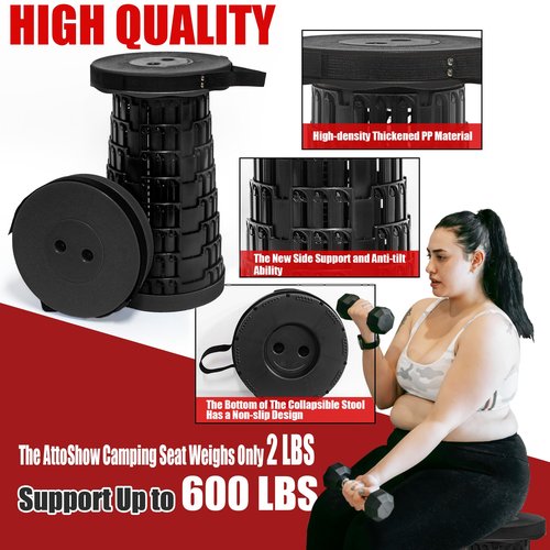 AttoShow 2025 2PCS Upgraded Collapsible Stool Thickened Set, Portable Stool Folding Stools, Foldable Chair for Camping Fishing Hiking BBQ and Outdoor Activities - Max 500lbs (Black)