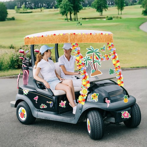 Zeyune 19 Pcs Summer Parade Golf Cart Decorations Kit Hawaiian Luau Grass Fringe Banner 19.7 ft Plastic Flower Lei Garland Summer Luau Stickers for Golf Cart Summer Theme Decorations