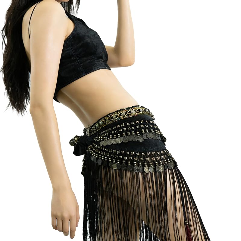 Black Large Velvet Belly Dance Tribe Belt Tassel Hip Scarves – Waist 66.93in